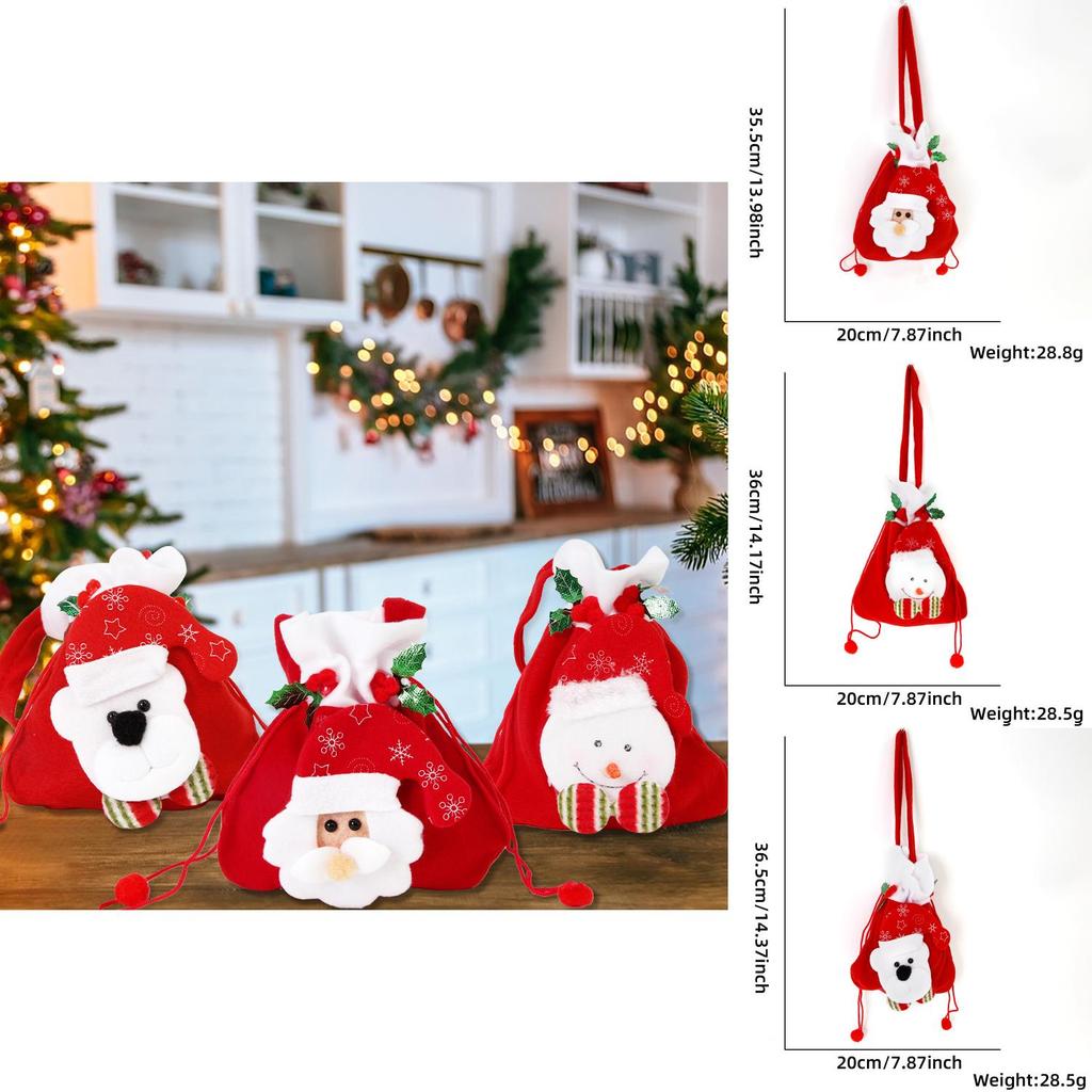 Adorable Christmas Candy Bag Featuring Santa Claus Snowman Gift Design With Drawstring Closure