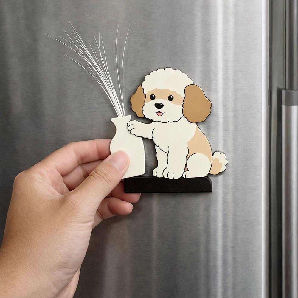 Mini Puppy Pushing a Vase Ornament Push Bottle Refrigerator Magnet Whiskers Storage Refrigerator Magnet Cartoon