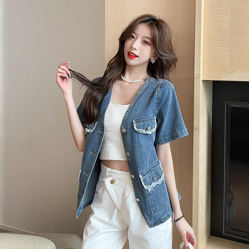 Sommer Damen locker V-Ausschnitt Jeansjacke - Kurzärmelig & Vielseitig