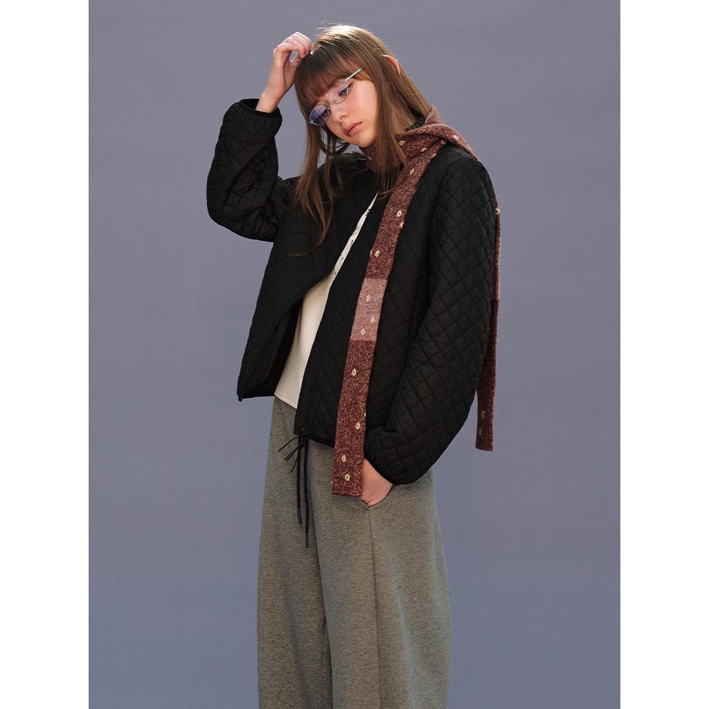 Winter new casual versatile solid color three-proof classic small grid stand-up neck cotton jacket female H