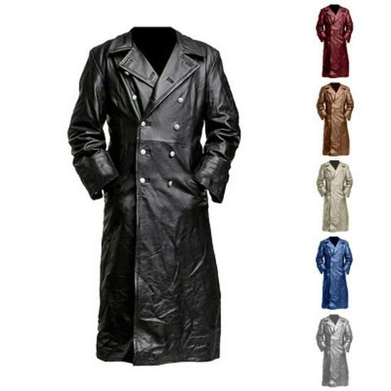 Men's Plus Size Double-Breasted Leather Trench Coat - German Military Style for Autumn/Winter