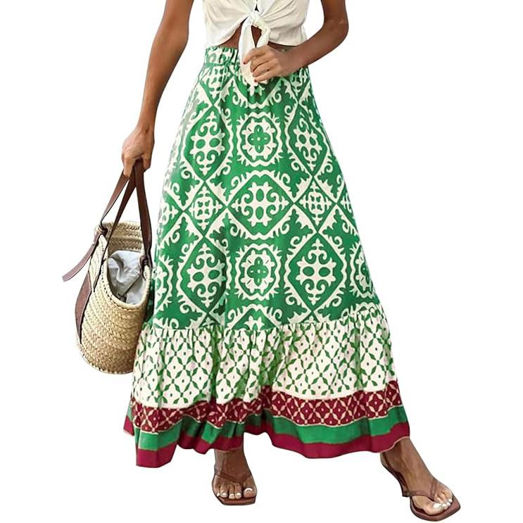 

Жіноча літня максі-спідниця з високою талією, плісирована спідниця на кулісці, з квітковим принтом, воланами, А-силуету M grass зелений колір
