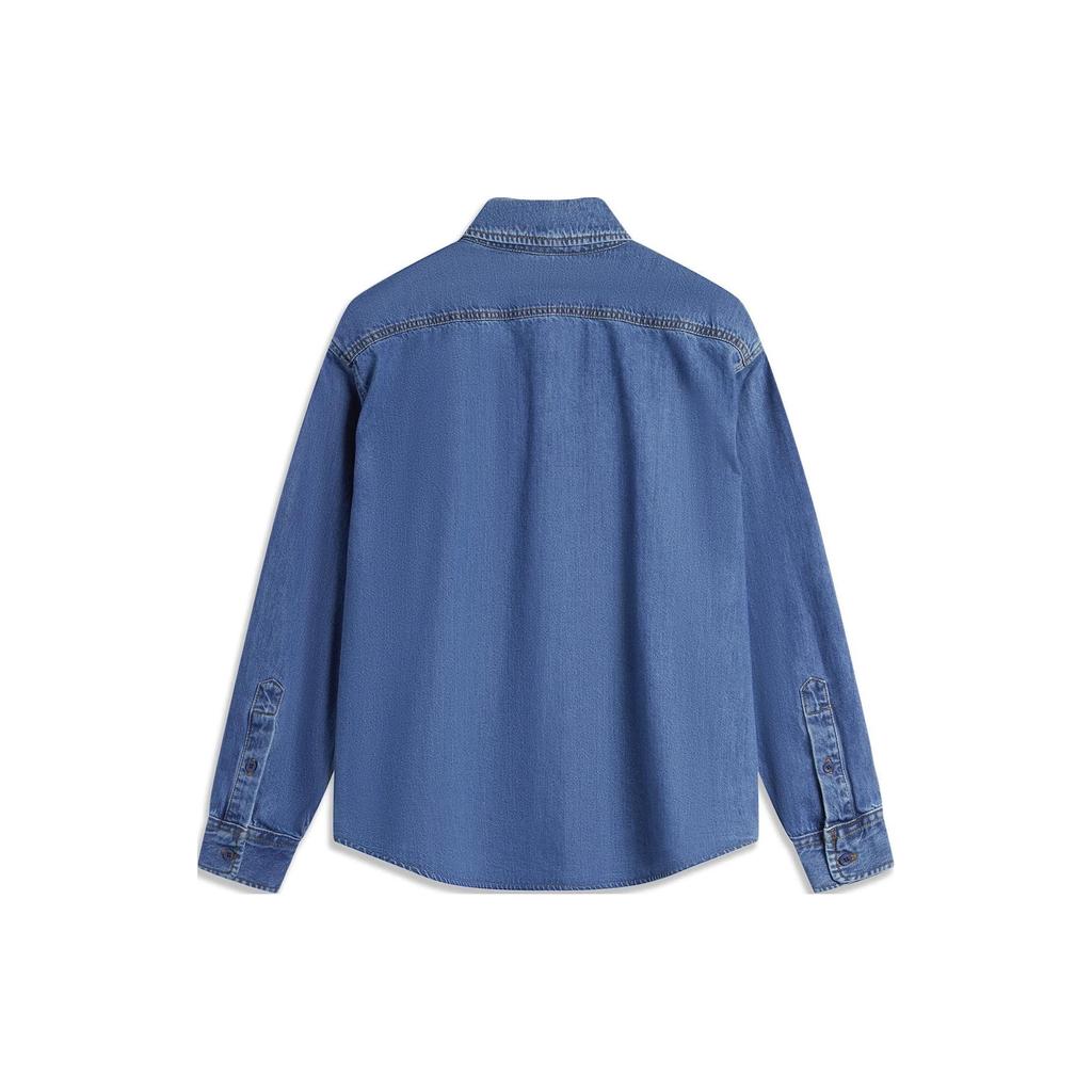 Li Ning Skateboard Series Logo Print Loose Wash Denim Long Sleeve Shirt Men shirts Medium-Blue ASHU003-3