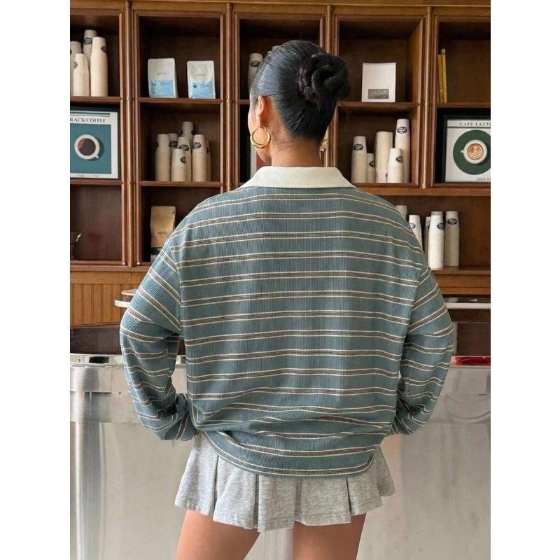 Womens Striped Button Polo Collar Long Sleeve Casual Loose Sweatshirt
