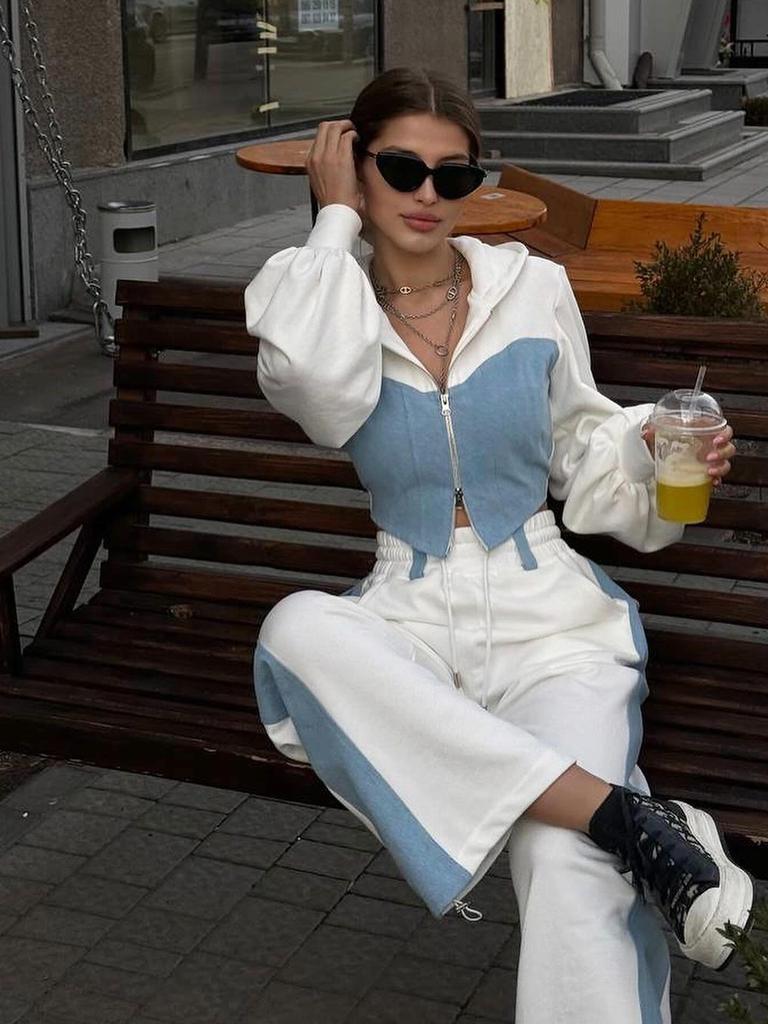 Modisches Freizeit-Hoodie-Set Denim-Patchwork mit Reißverschluss Langarmhose Damen-Outfit 2-teiliges Set