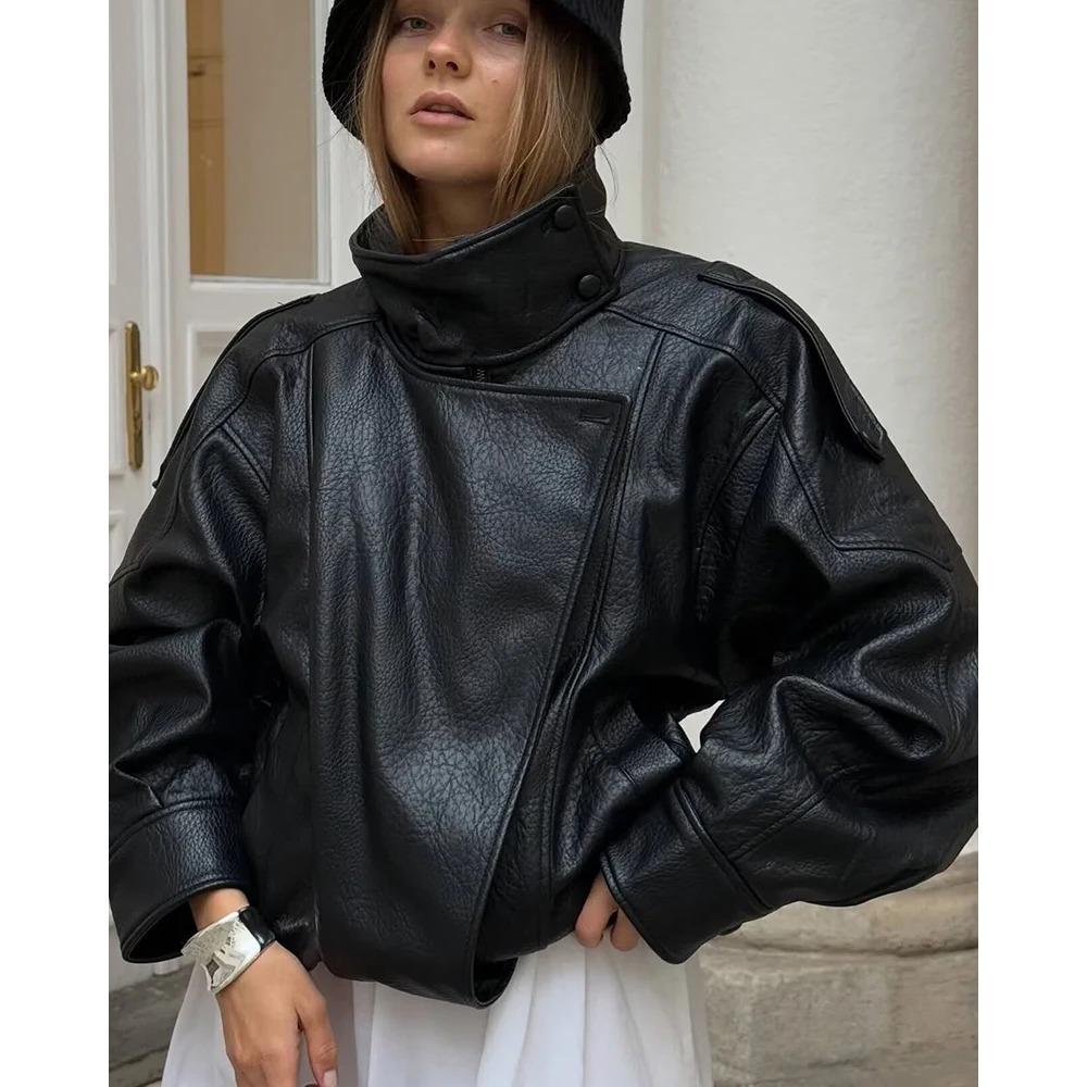 **Women's Faux Leather Jacket Cropped Loose Biker Style PU Leather Coat Spring Autumn Motorcycle Jacket**