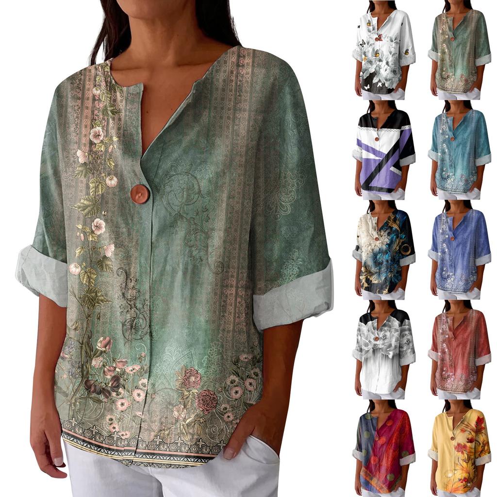 Women's Fashionable Casual V-neck Button Seven Quarter Sleeve Printed Cotton And Linen Top