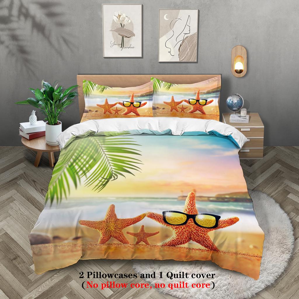 3-piece Beach Starfish Pattern Print (1 Duvet Cover+2 Pillowcases, No Core) Soft and Comfortable Bedding Set