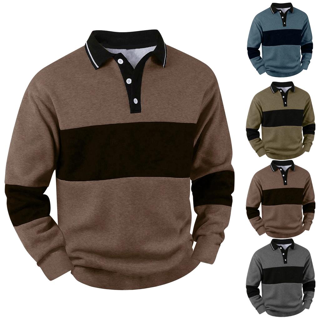 Men's Casual Loose Colorblock Print Lapel Button Long Sleeve Top