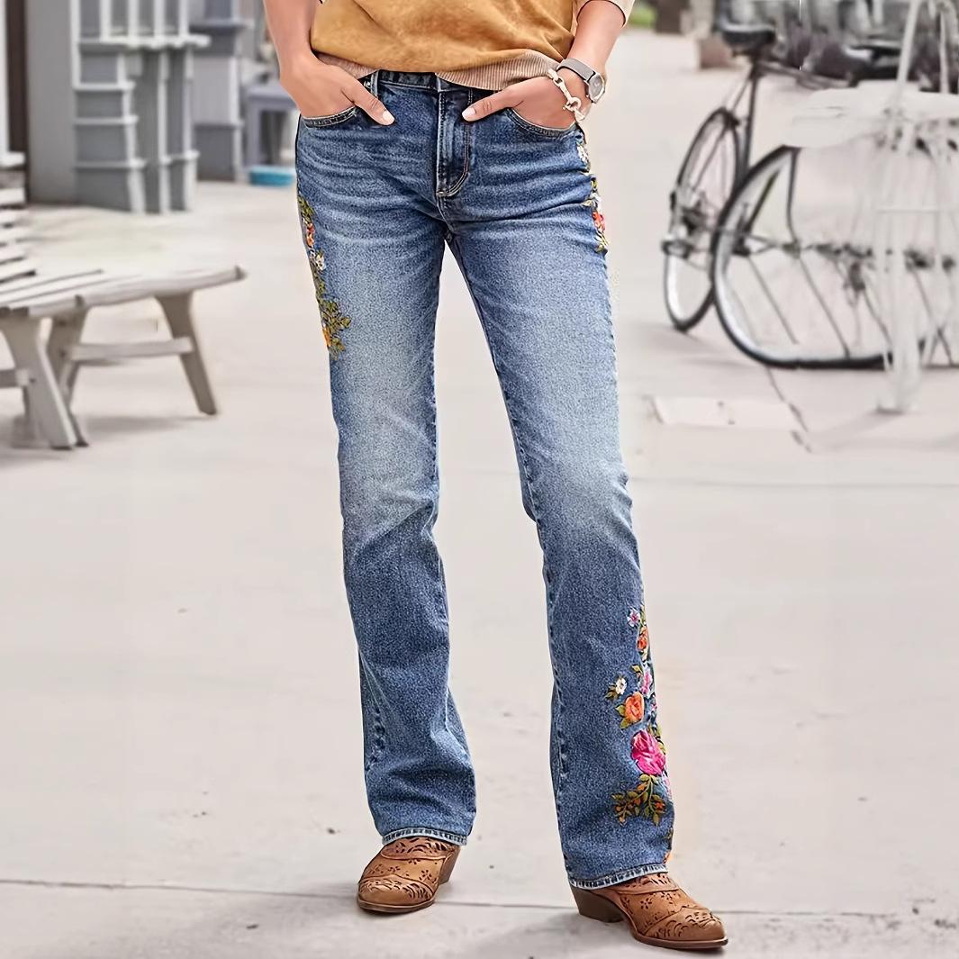 

Винтажные джинсовые брюки с вышивкой цветов, женские, осенние, с высокой посадкой, свободные, женские джинсы для уличной моды XL синий