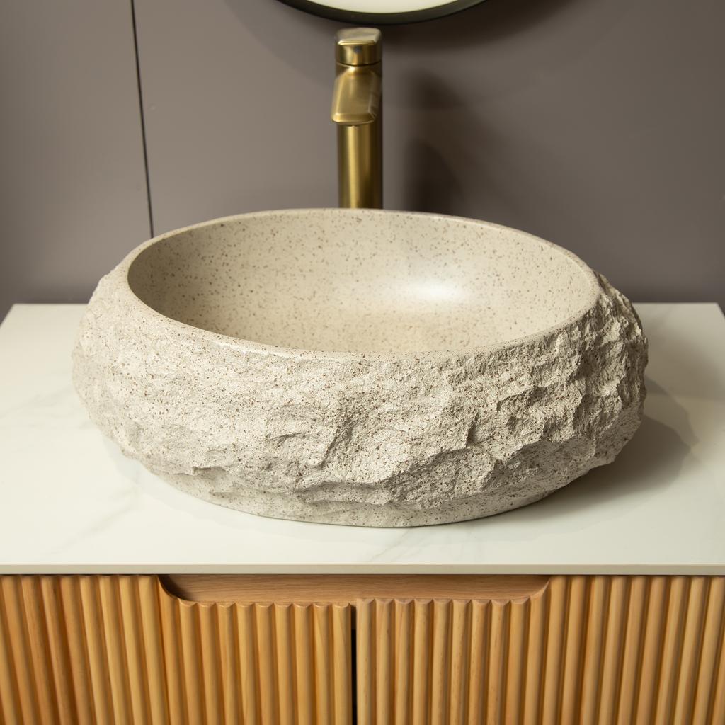 50cm Unregelmäßiges Ovales Harzbecken mit Steinmuster, Künstlerischer Stil, Ohne Armatur, Beige Farbe