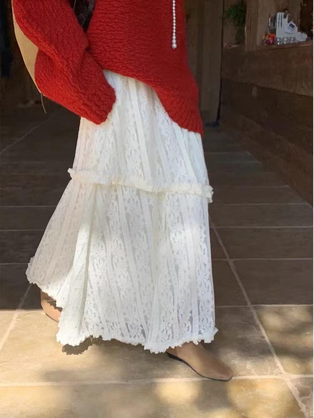 

Versatile Irregular Lace A-line Midi Skirt - Slimming Layered Cake Design for Autumn/Winter One Size абрикосовый