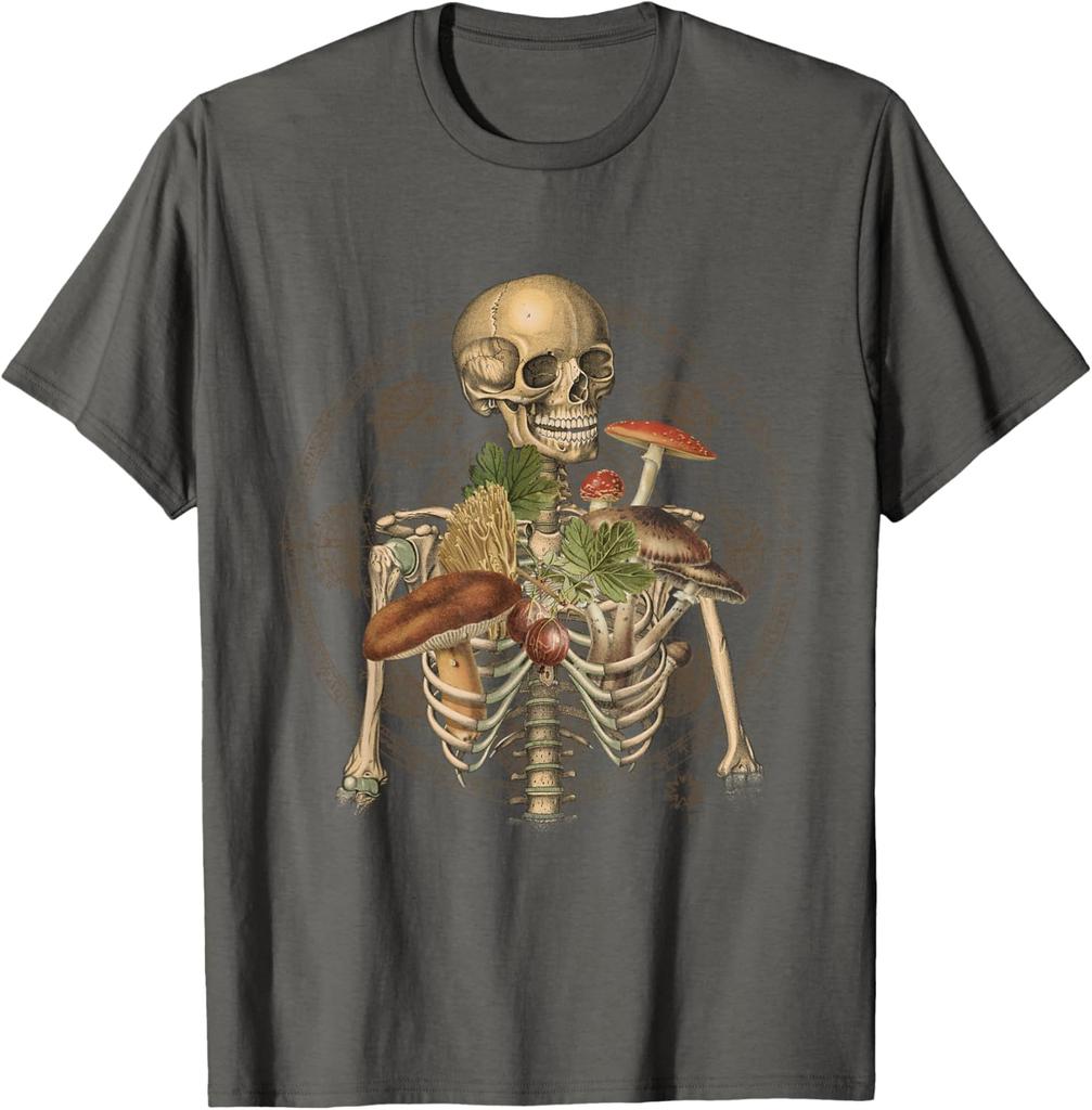 Skeleton With Mushrooms Goblincore Mycologist Fungi Graphic Tee Cotton Casual Trip T-Shirt