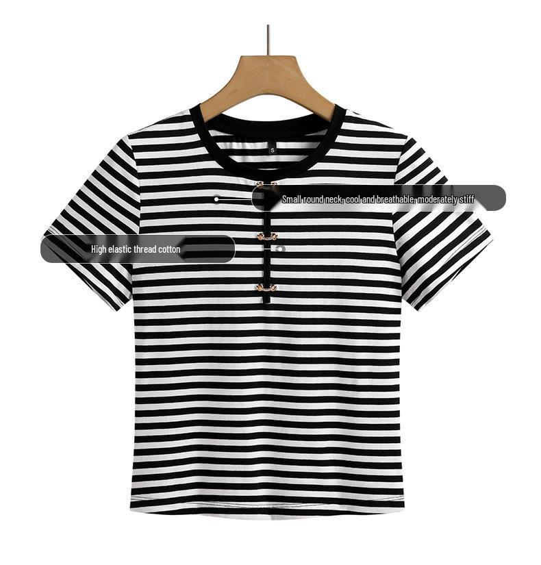Modal Cotton Women's Striped Short-Sleeve Summer T-shirt 2025 Mom's Casual Elastic Blouse