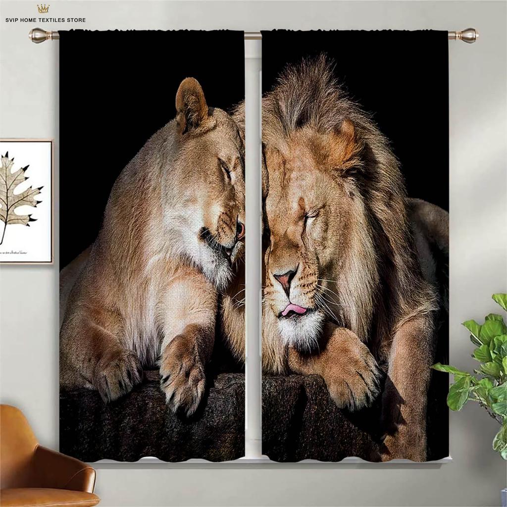 2 Pieces Of Animal Lion Black Panther 3d Printing Curtains Black Silk Blackout Heat Insulation Curtains Window Curtains
