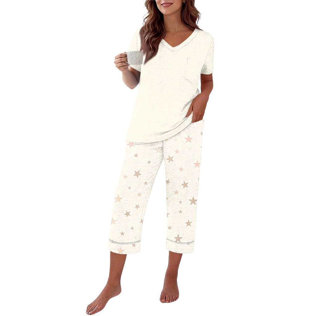 Women's Casual Loungewear Set with Printed Short Sleeve Round Neck T-Shirt and Loose Fit Pants
