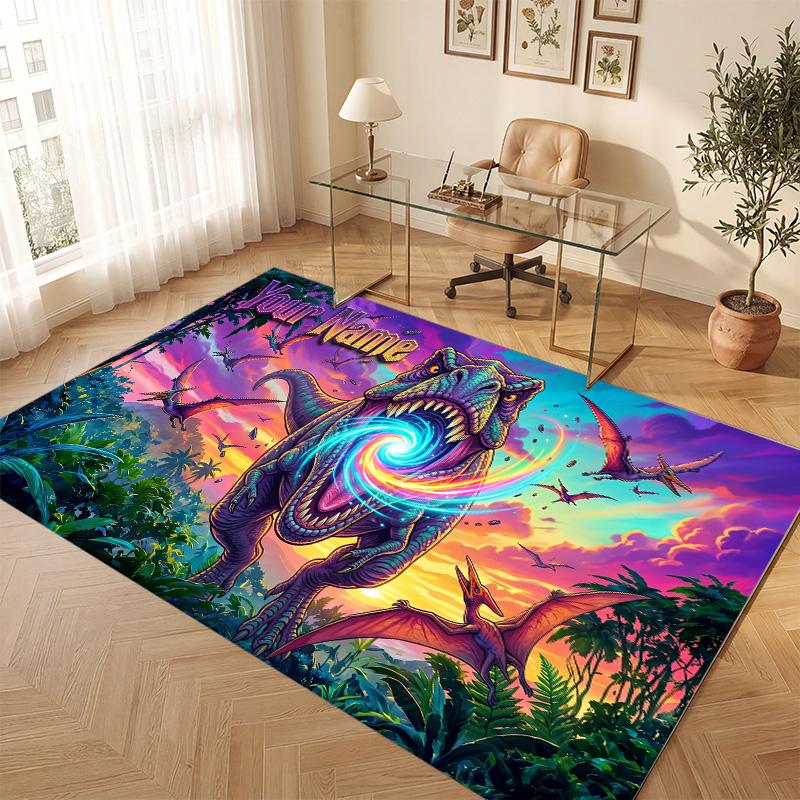 Dinosaur Theme Soft Crystal Velvet Rug Custom Name & Text Print Non Slip Floor Rug for Bedroom Living Room