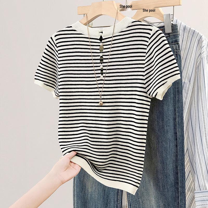 Women's Striped Color-block Knit Short Sleeve Top
