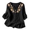 Women Floral Pattern Henley Neck Button Front Three Quarter Sleeve Linen Cotton Blend Shirt Casual Loose Fit Blouse