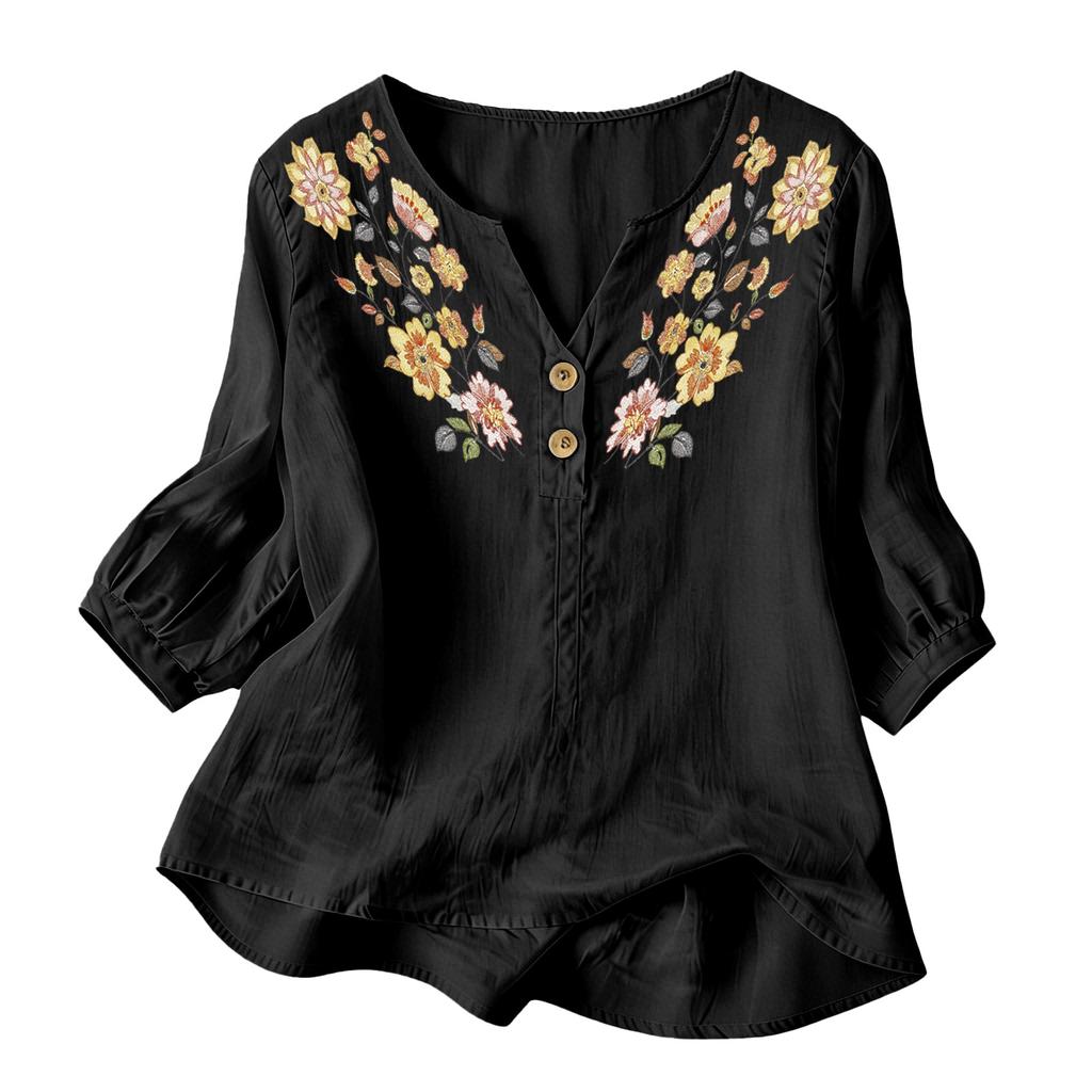Women Floral Pattern Henley Neck Button Front Three Quarter Sleeve Linen Cotton Blend Shirt Casual Loose Fit Blouse