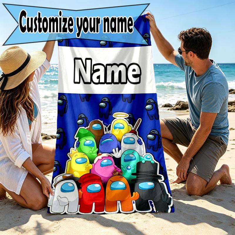 Custom Name Personalized Among Us Print Beach Towel, for Trip Camping Beach Party Home Decor, Birthday Gift for Family & Friends