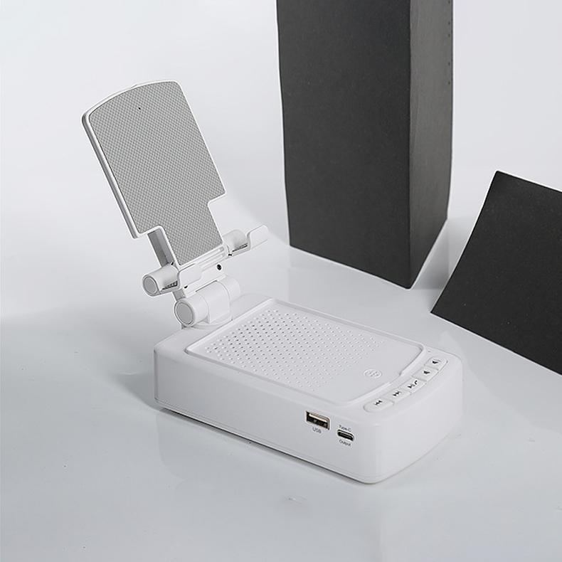 

Підставка для мобільного телефону з бездротовим динаміком Bluetooth, регульованими динаміками для телефону з об’ємним звуком HD, зарядною станцією для телефону-планшета білий