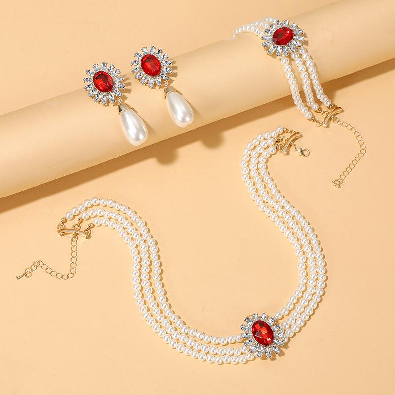 Water Drop Imitation Pearl Necklace Earrings Set Bridal Rhinestones Pearl Clavicle Chain Jewelry Women