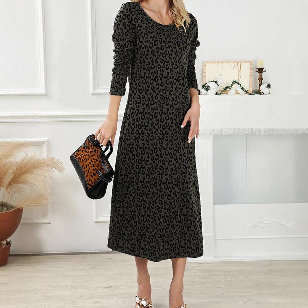 Woman Spring Fall Cocktal Dresses High Waisted Long Sleeves Leopard Printed Round-Neck Vintage Casual Ladies Maxi Dress