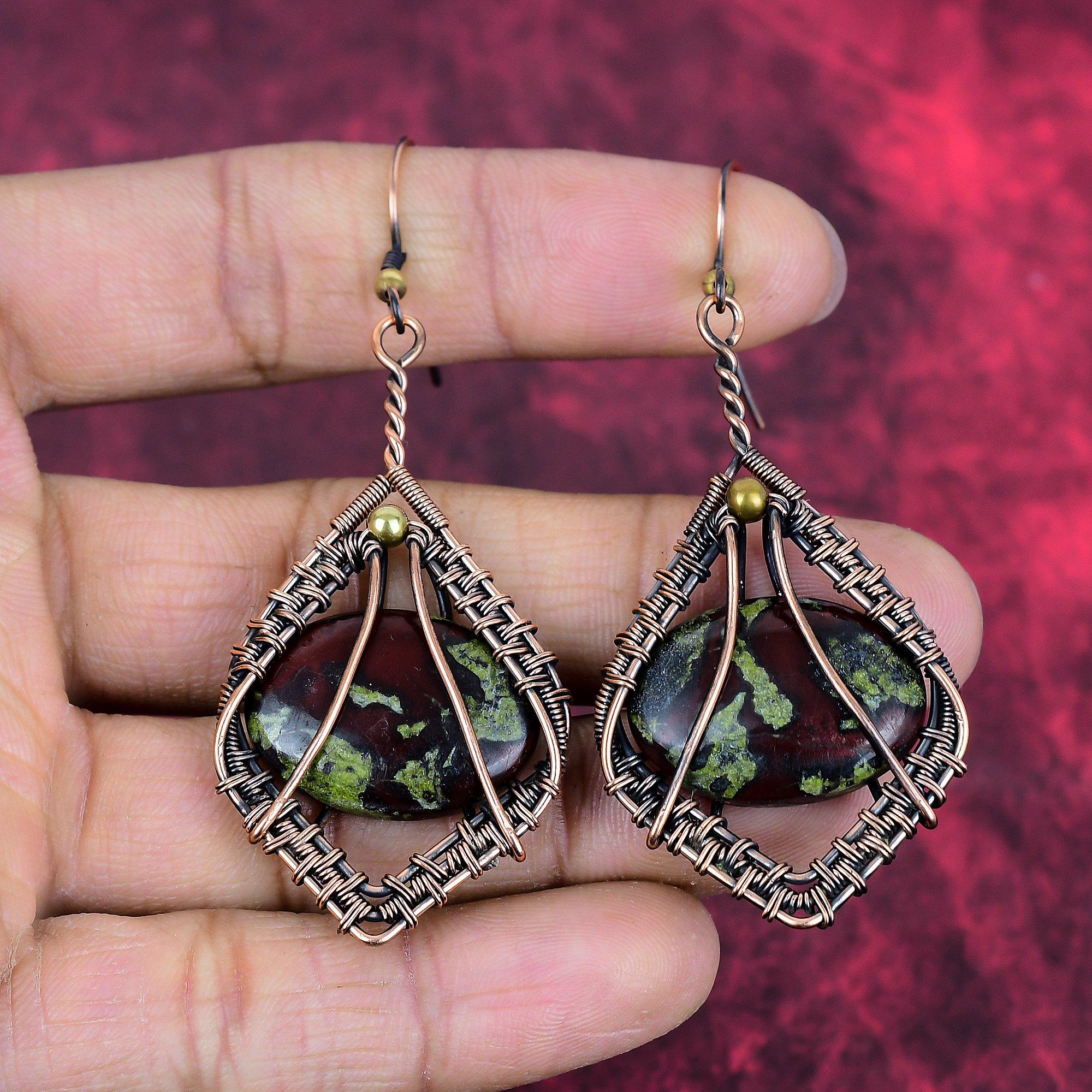 Серьги из кровавика дракона медная проволока обмотка gemstone jewelry медная серьга ручная работа серьга wire wrap серьга подарки для нее серьга-подвеска