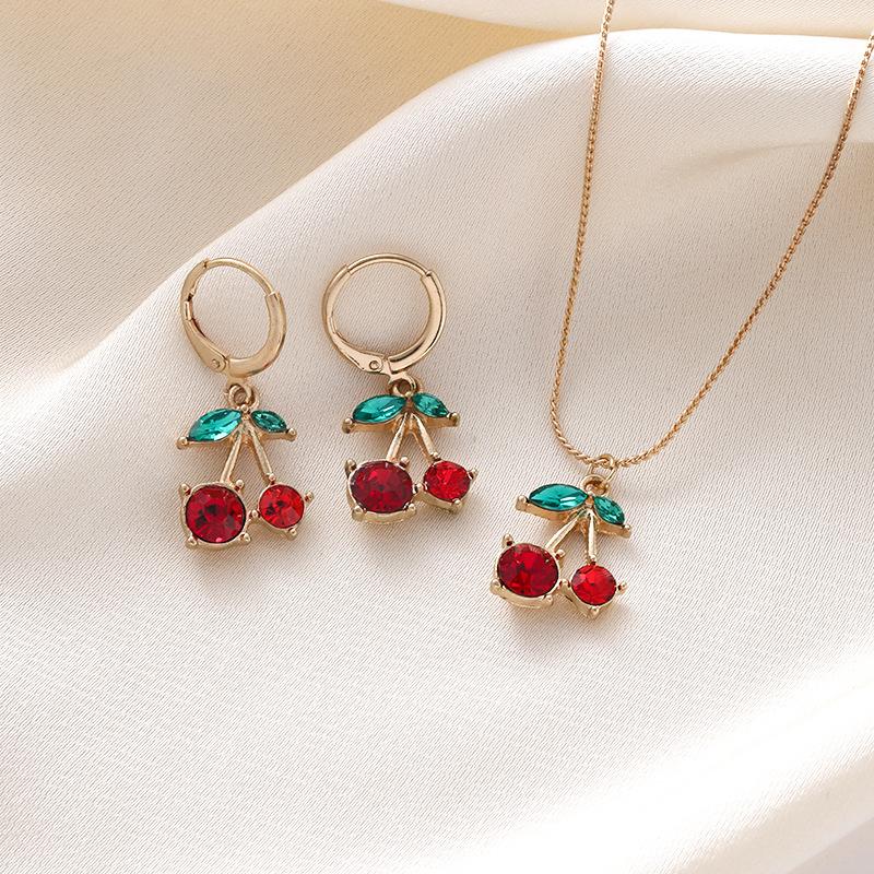 Sweet Cherry Necklace And Earring Set For Women Cute Fruit Jewelry Summer Accessories