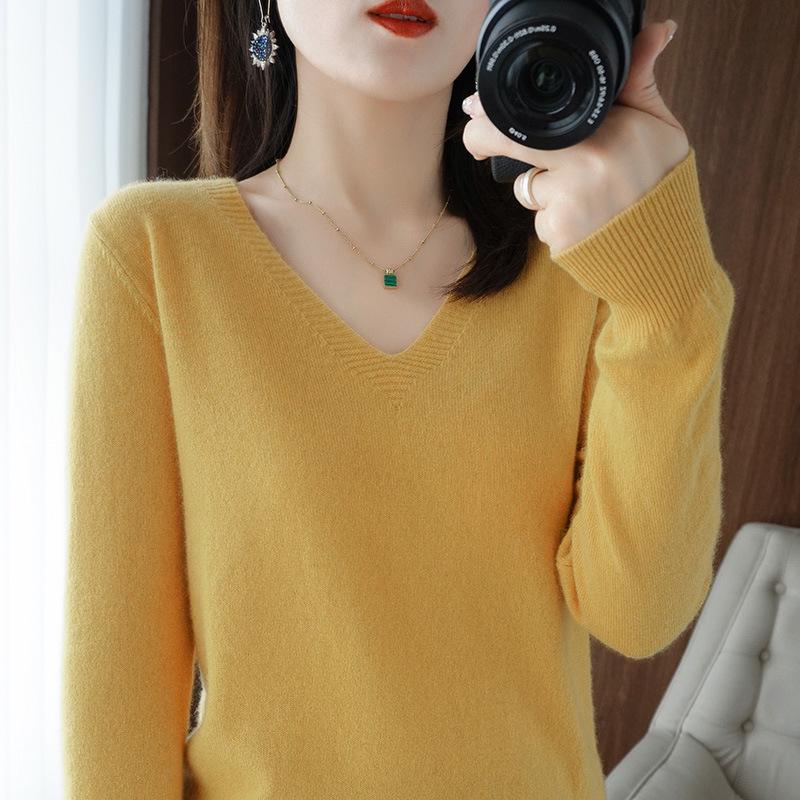 Women's V-Neck Cashmere Sweater - Slim Fit Long Sleeve Knitwear, Korean Style for Spring & Autumn