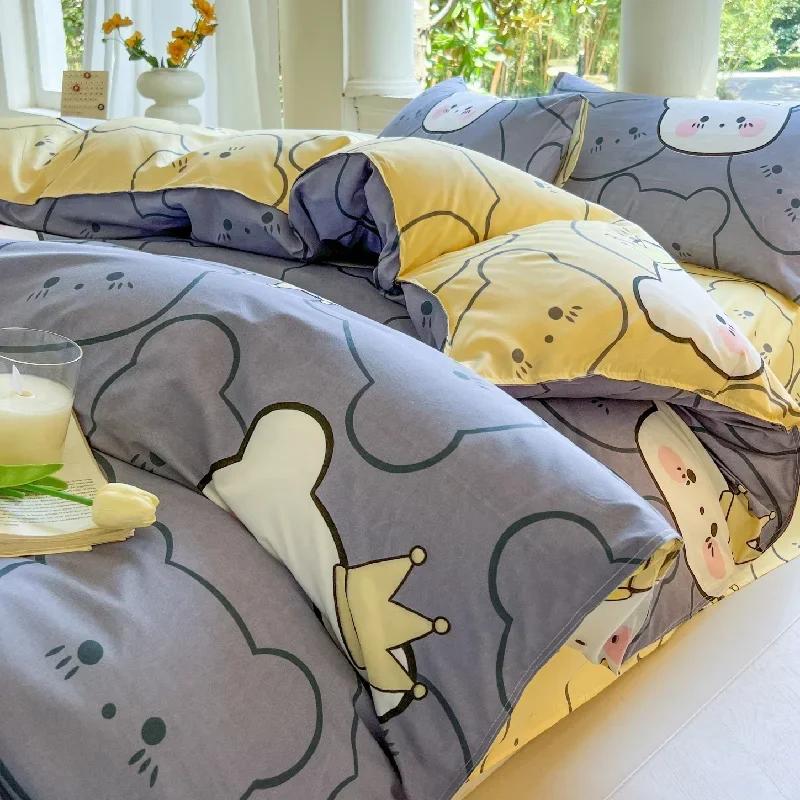 Kawaii Bear Printed Bed Set Floral Duvet Cover Pillowcase Bedding Set Cute Dog Bear Bed Linen Sheet Quilt Full Queen King Size