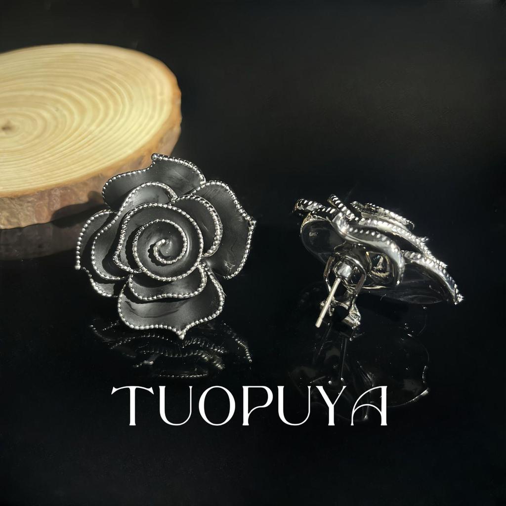 Handmade Enamel Black Camellia Stud Earrings & Versatile Open Ring Set