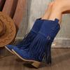 2025 Winter Women Fringes Thick Heel High Boots Suede Pointed Toe Outdoor Fashion Platform Shoes Willow Nails Pumps Women Shoes