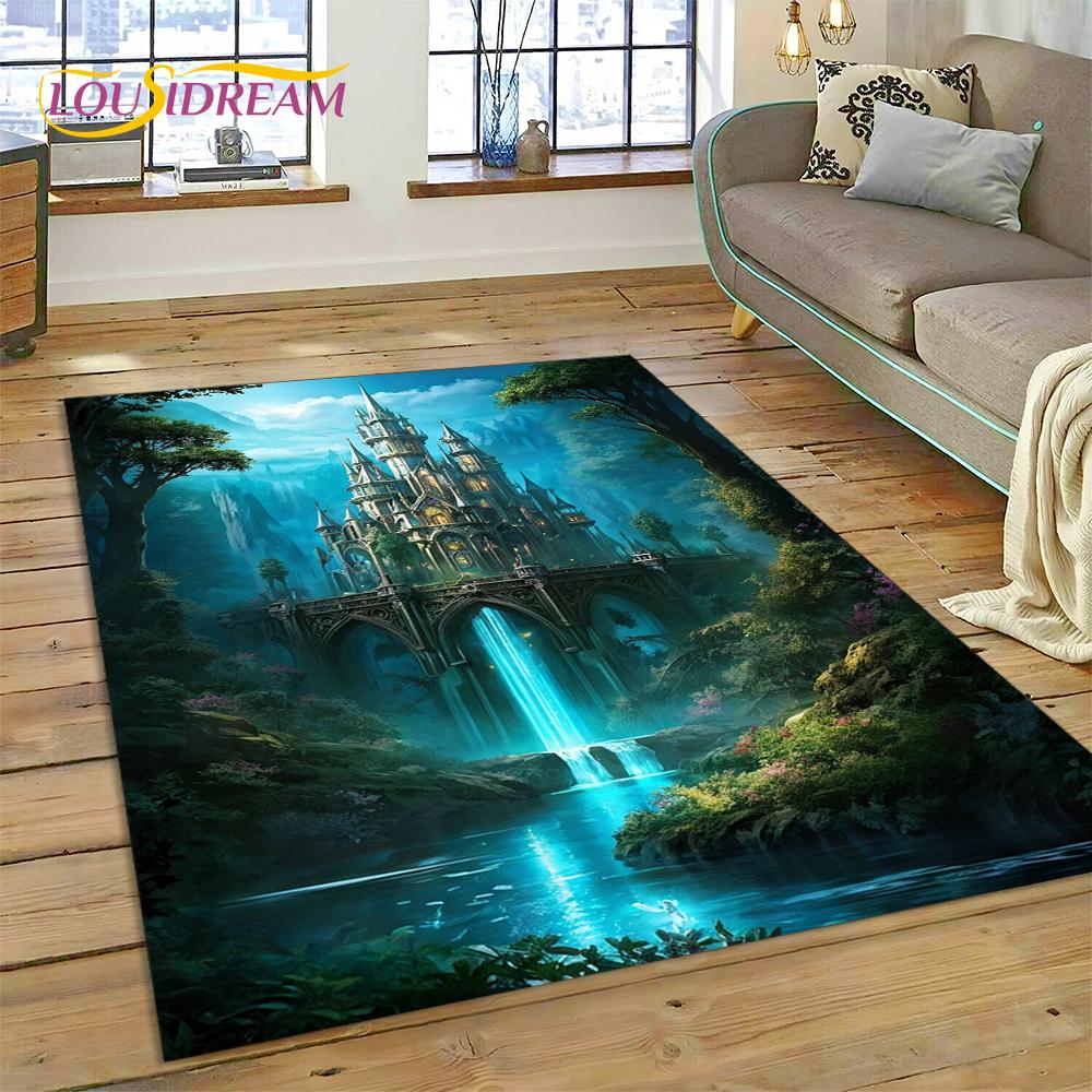 Castello da Favola da Sogno Misterioso Gotico Cartone Animato Tappeto Tappetino per Soggiorno Camera da Letto Casa Divano, Tappeto per Area Bambini Tappetino Antiscivolo