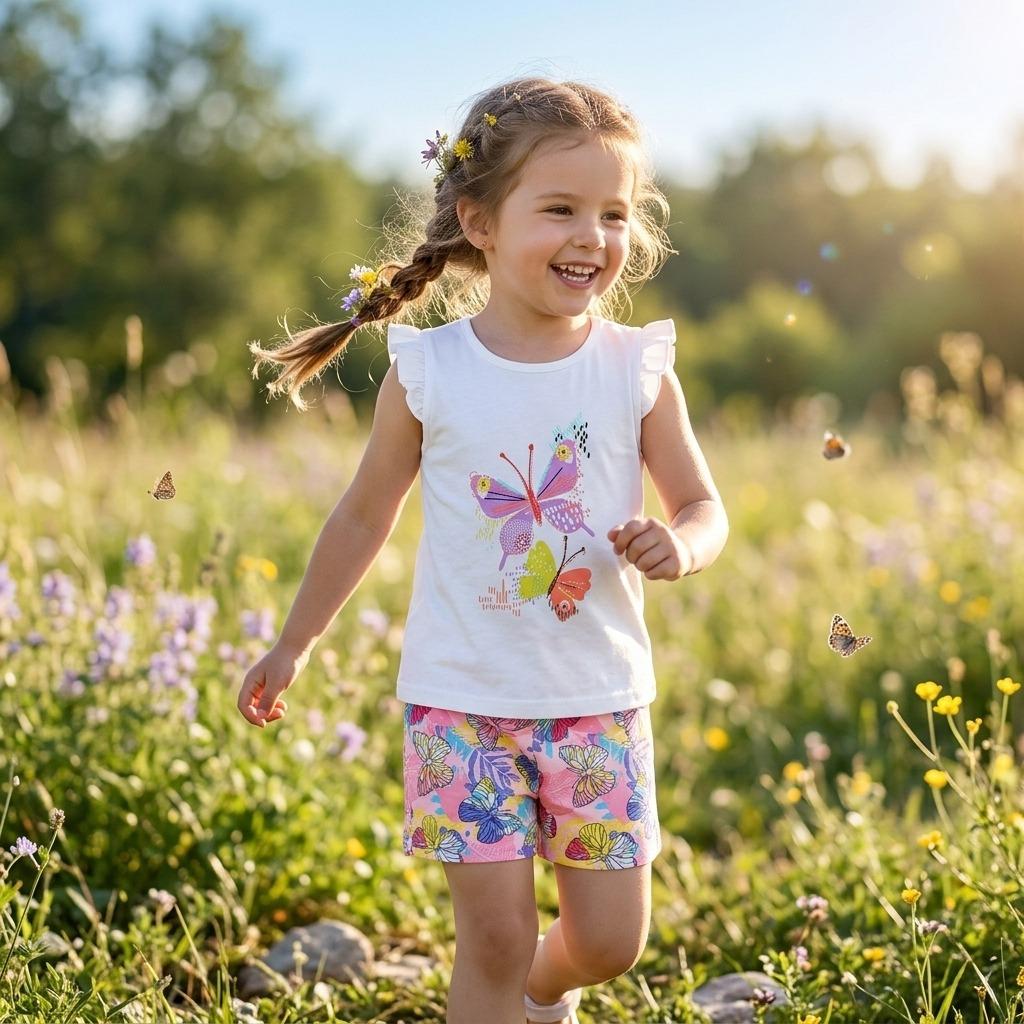 Mädchen-Kurzarm-Set Sommer Neu Schmetterlingsprint Kinder-Shorts-Set Modisches Mädchen-Outfit