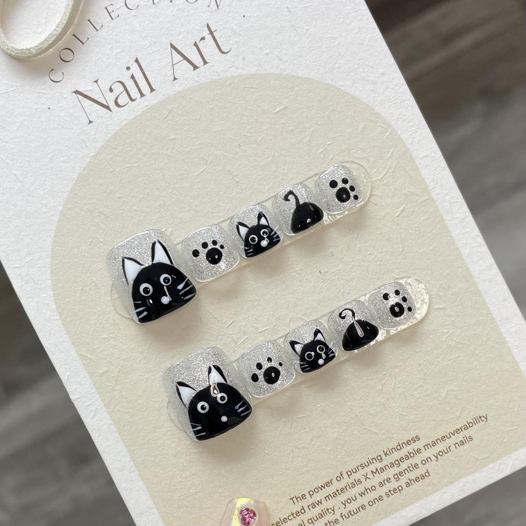 

Искусственные ногти на ногах ручной работы с росписью Тоторо, черно-белые кошачьи когти, фототерапевтические ногти, многоразовые и съемные ногти на ногах L