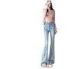 Plus Size High Waist Light Blue Flare Jeans for Women - Slimming Patchwork Bell Bottoms, Trendy American Style for Spring & Autumn
