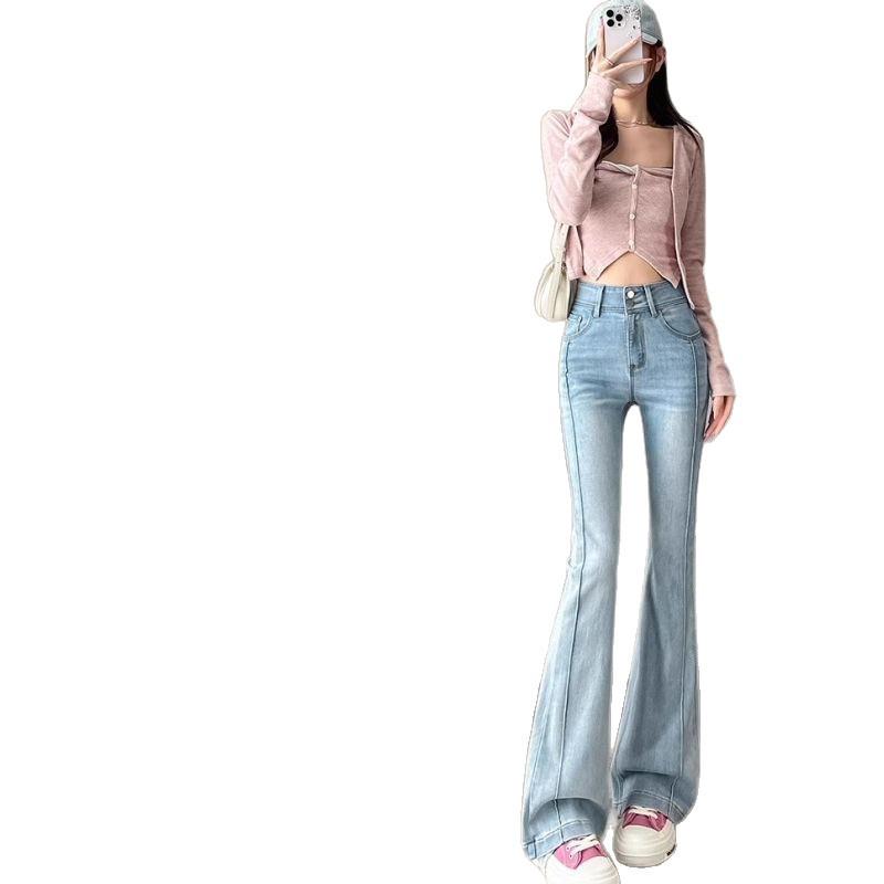 Plus Size High Waist Light Blue Flare Jeans for Women - Slimming Patchwork Bell Bottoms, Trendy American Style for Spring & Autumn