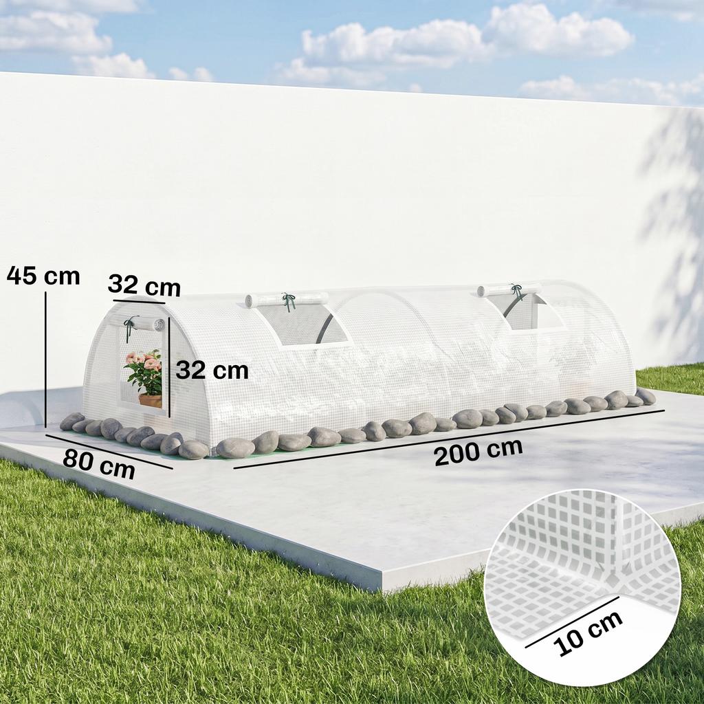 Foil Greenhouse, Mini Tunnel Greenhouse with Mesh Window, UV-Resistant, Plastic Film, 200 x 80 x 45 cm, White