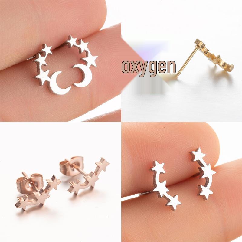 Stainless Steel Five-Pointed Star Moon Stud Earrings - Versatile Fashion Cartilage Jewelry
