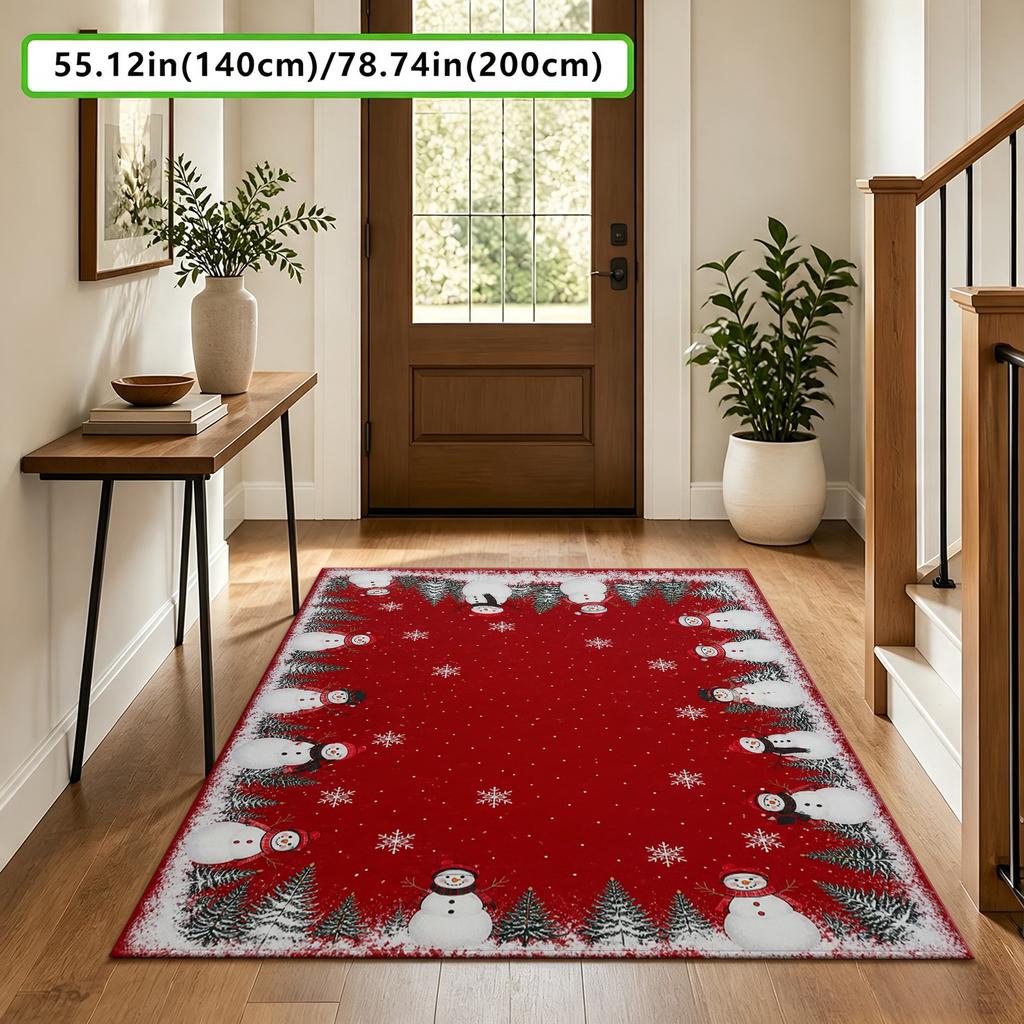 1pc 2D Flat Christmas Red Snowman Snowflake Area Rug, Washable Non-Slip Decor Floor Mat for Living Room Bedroom