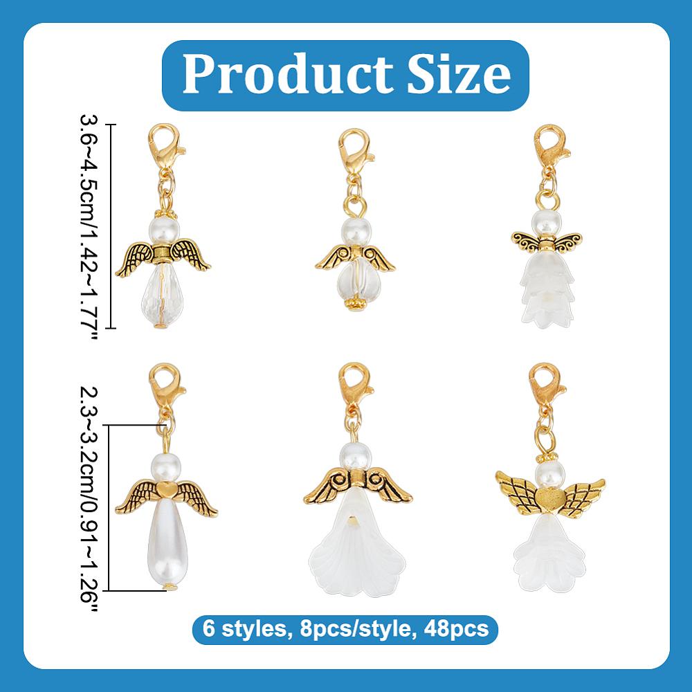 48Pcs 6 Styles Angel Acrylic & Alloy Pendant Decorations with Alloy Lobster Claw Clasps Antique Golden & Golden 36~45mm 8pcs/style