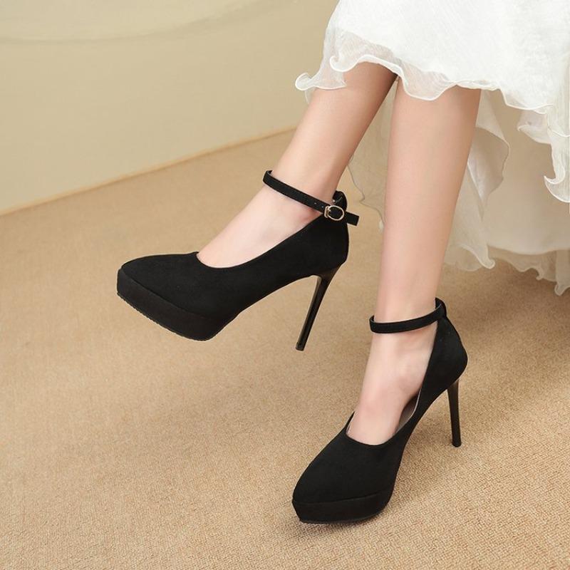New Women's High Heels Single Shoes Buckle Thin Heel Velvet Surface Waterproof Platform Pointed Toe Shoes Black Simple Style