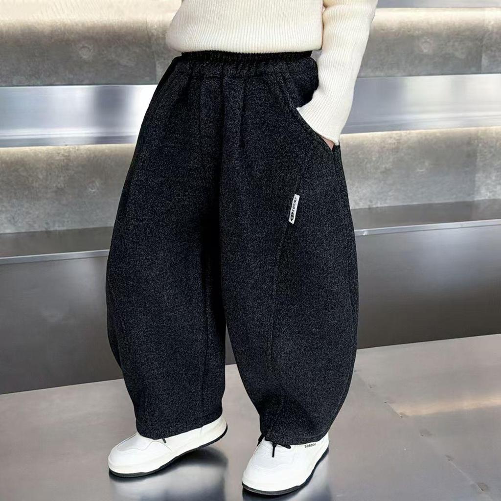 Korean Style Boys' Fleece-Lined Winter Sweatpants, New 2025 Curved Leg Design, Thick and Warm Baby Pants