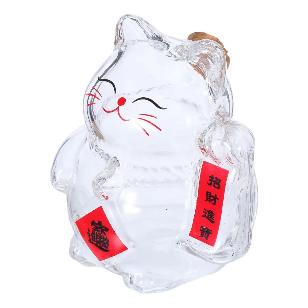 Cute Lucky Cat Piggy Bank Clear Glass Gold Bean Container Cat Shape Saving Jar  Office Decor