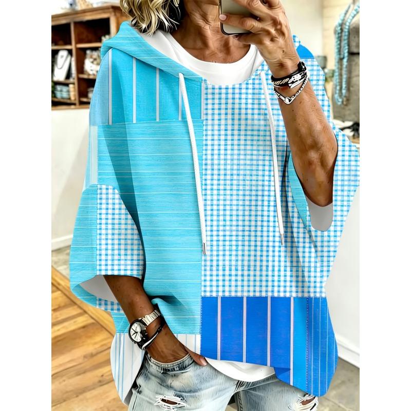 Plus Size Women'S Hooded Top, Multi-Color Plaid Striped Patchwork Loose Off-Shoulder Sleeve Hoodie