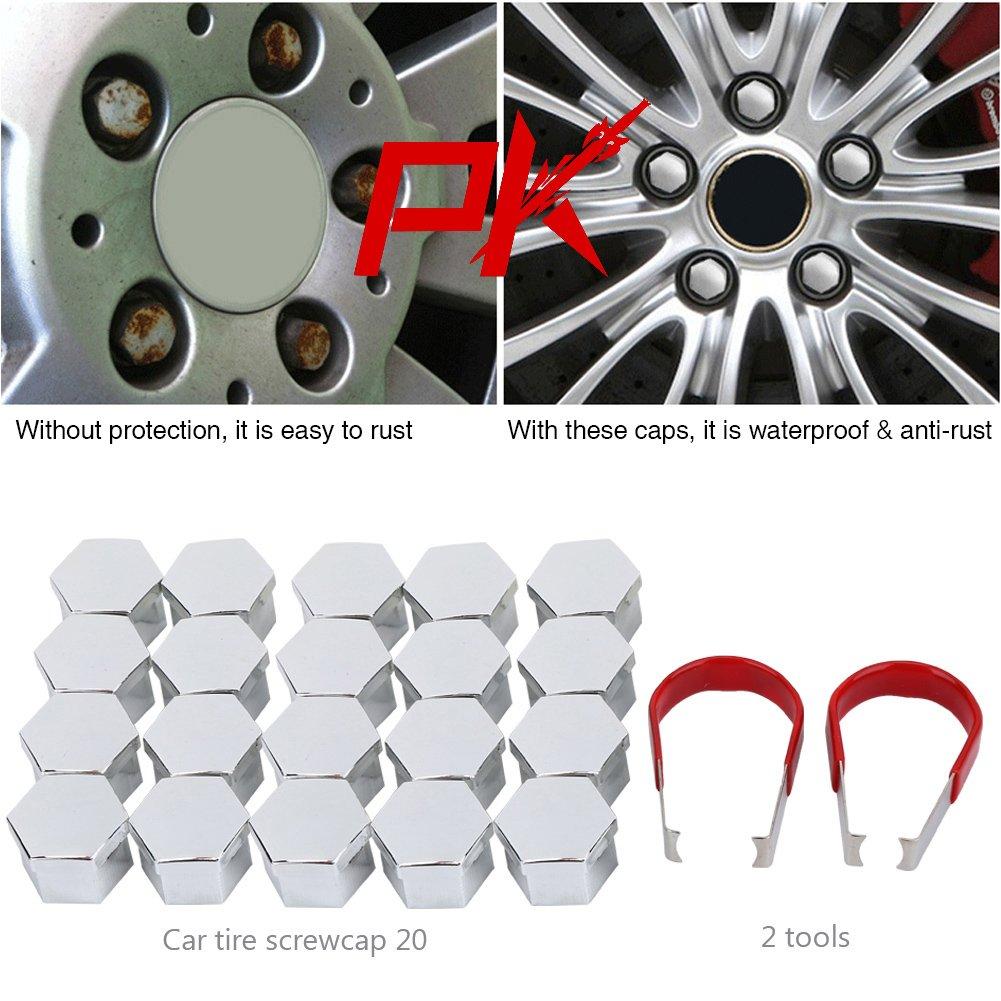 Keenso 20Pcs 17mm Wheel Lug Nut Bolt Hub Screw Silver Cover Tyre Protective Decor CenterCovers Bolt with Removal Tools