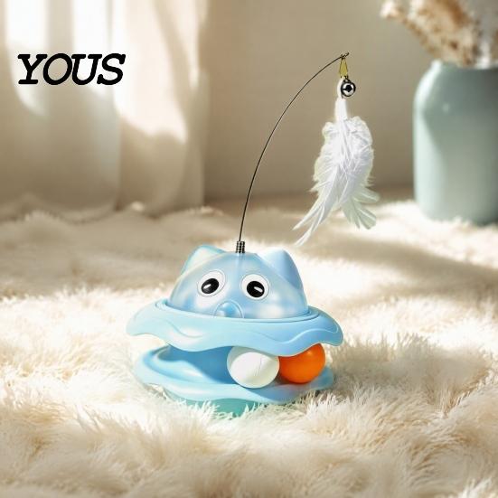 Removable Cat Training Toy Interactive with Auto Feather Wand And Track Ball for Indoor Cats, Puzzle Toys Cats Detachable Food Dispenser, Stable