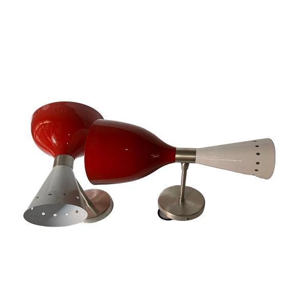 Italian Mid Century Double Wall Sconces Red and Chrome Modern Retro Lighting Set of 2 I